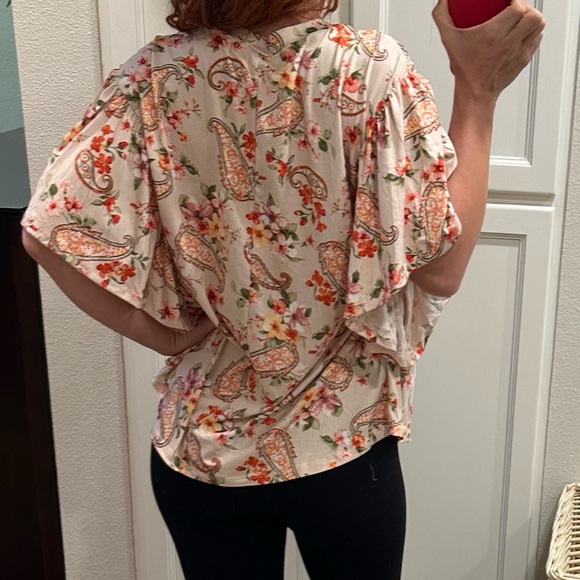 Smocked Boho Paisley Flutter-Sleeve Blouse - Cream/Peach - Picture 2 of 5